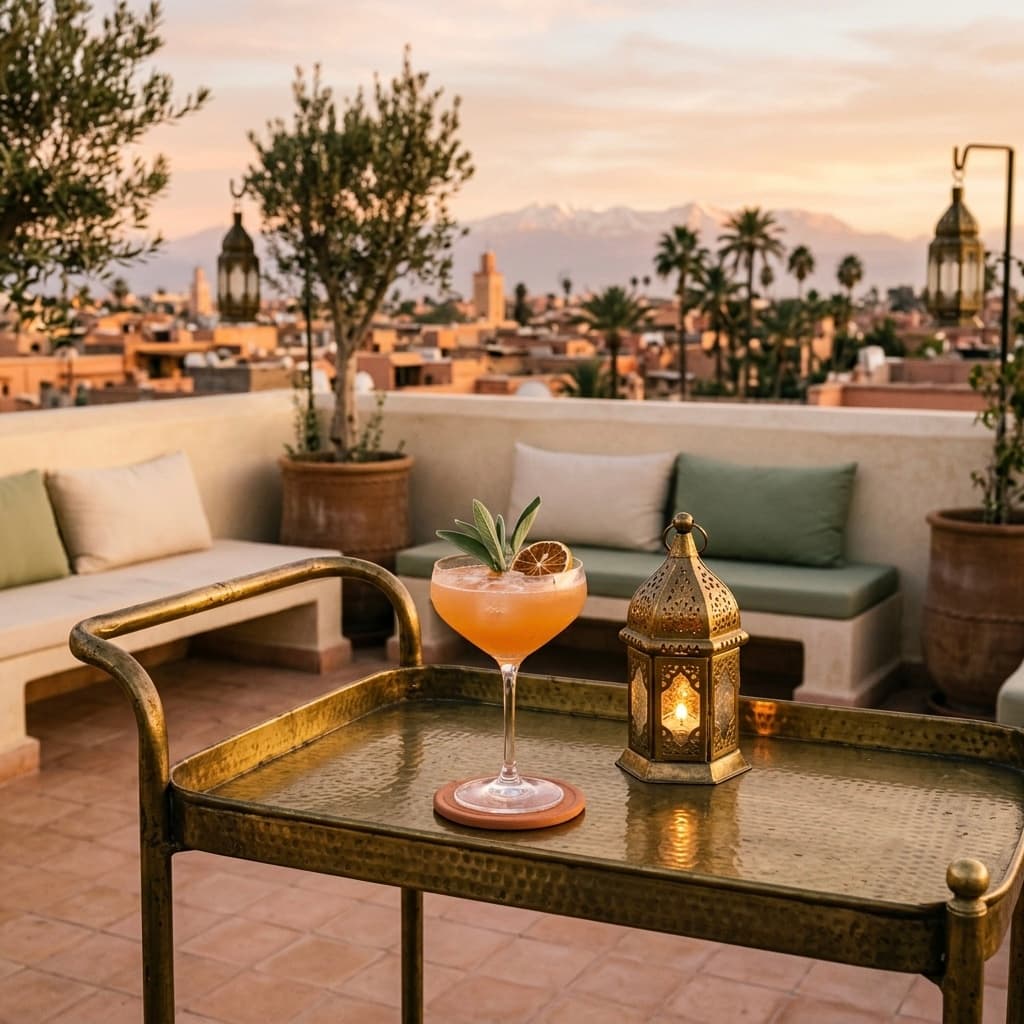 Un cocktail d'Alizé au coucher du soleil, sur le rooftop