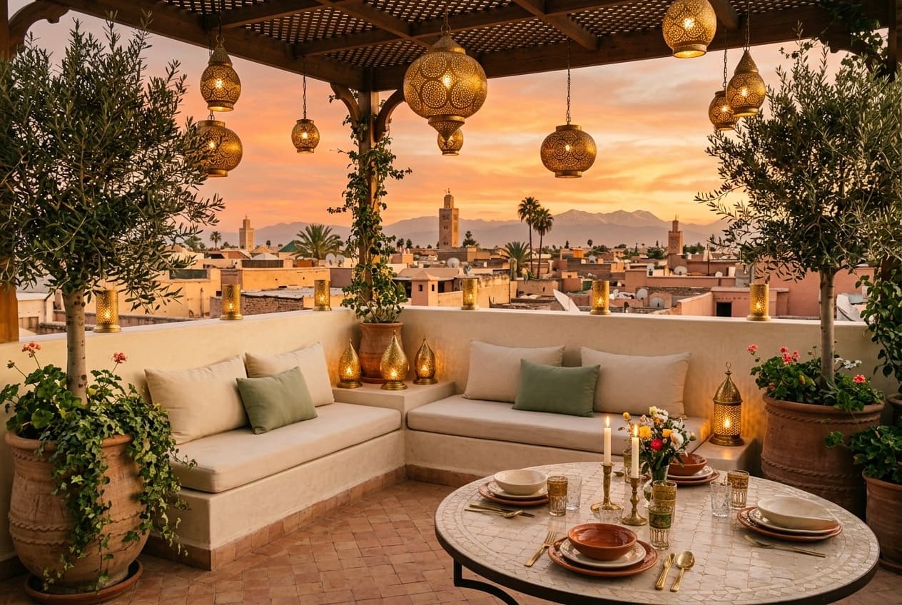 La terrasse d'Alizé dressée au crépuscule, lanternes allumées
