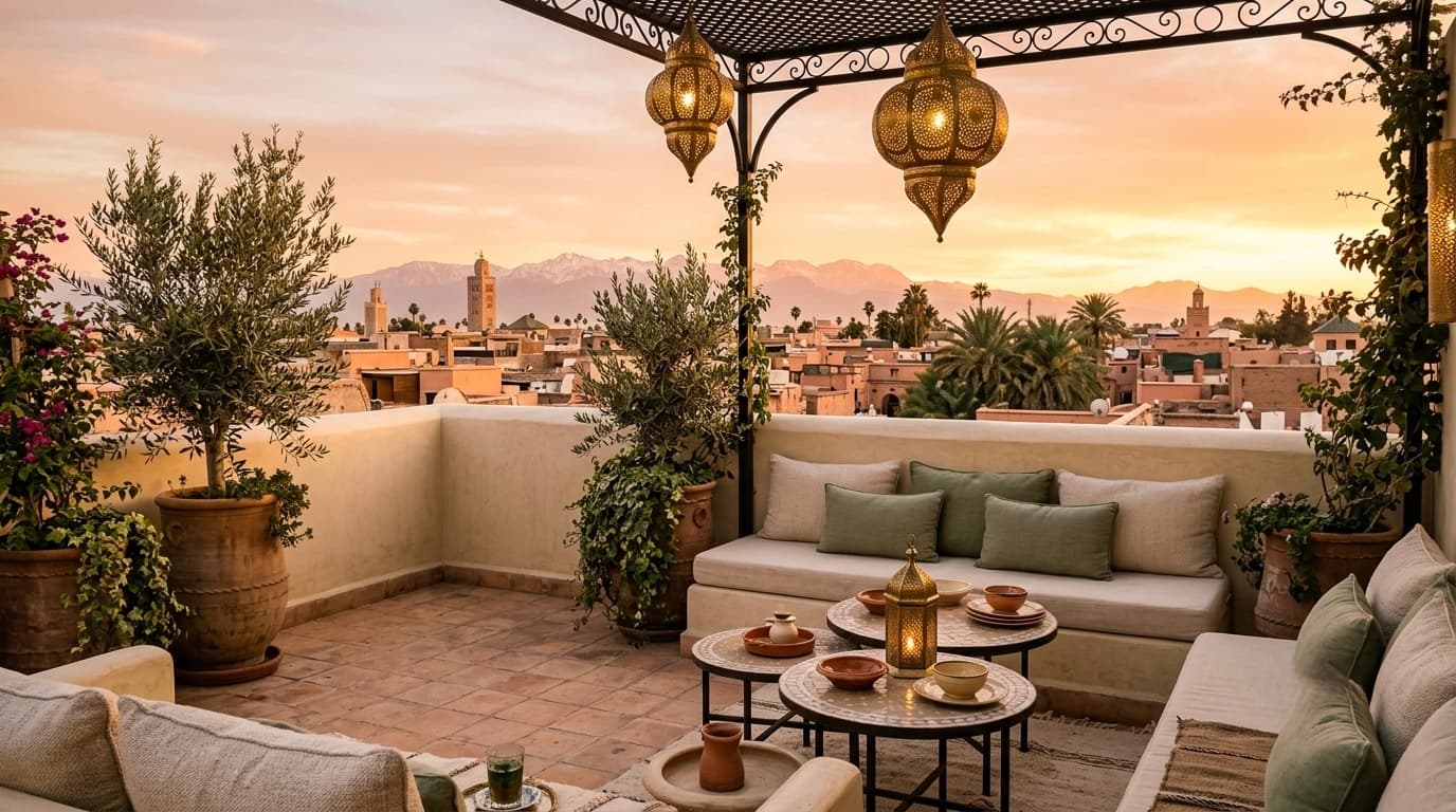 La terrasse d'Alizé à l'heure dorée, vue sur la médina de Marrakech et l'Atlas